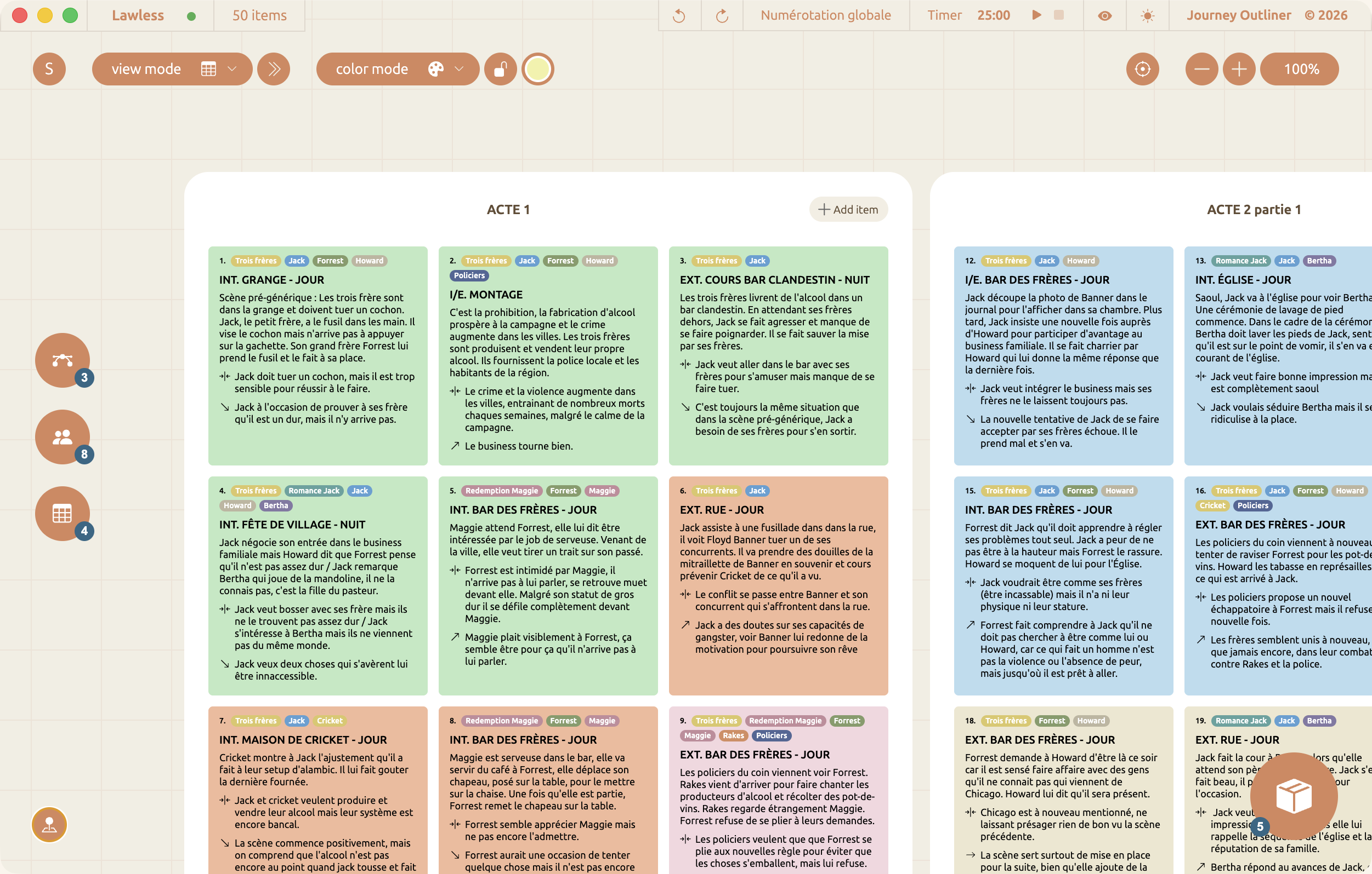 L'interface de Journey Outliner : deux actes découpés en scènes, sous forme de cartes colorées.