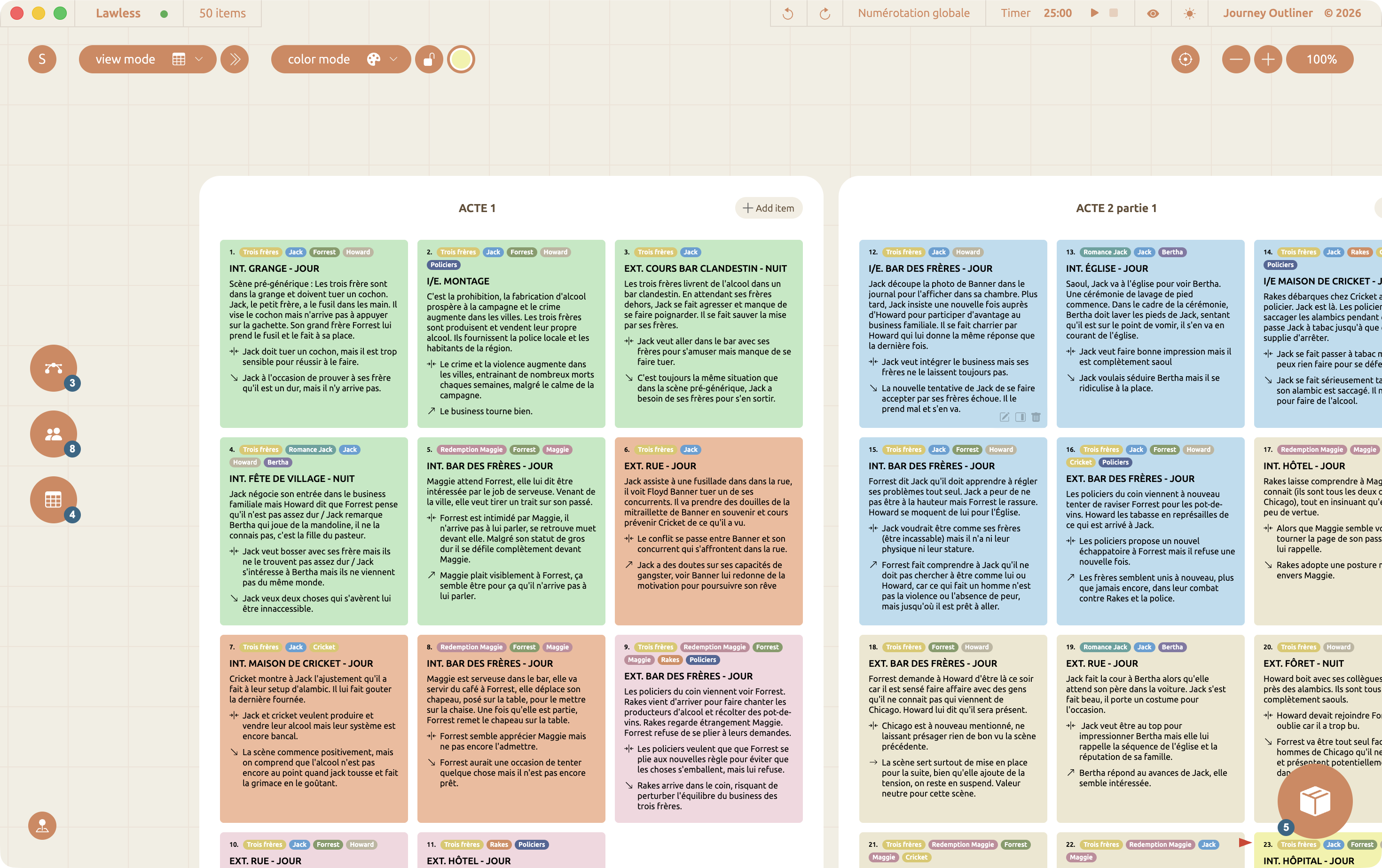 Vue Index de Journey Outliner : les scènes organisées en cartes colorées, par acte.