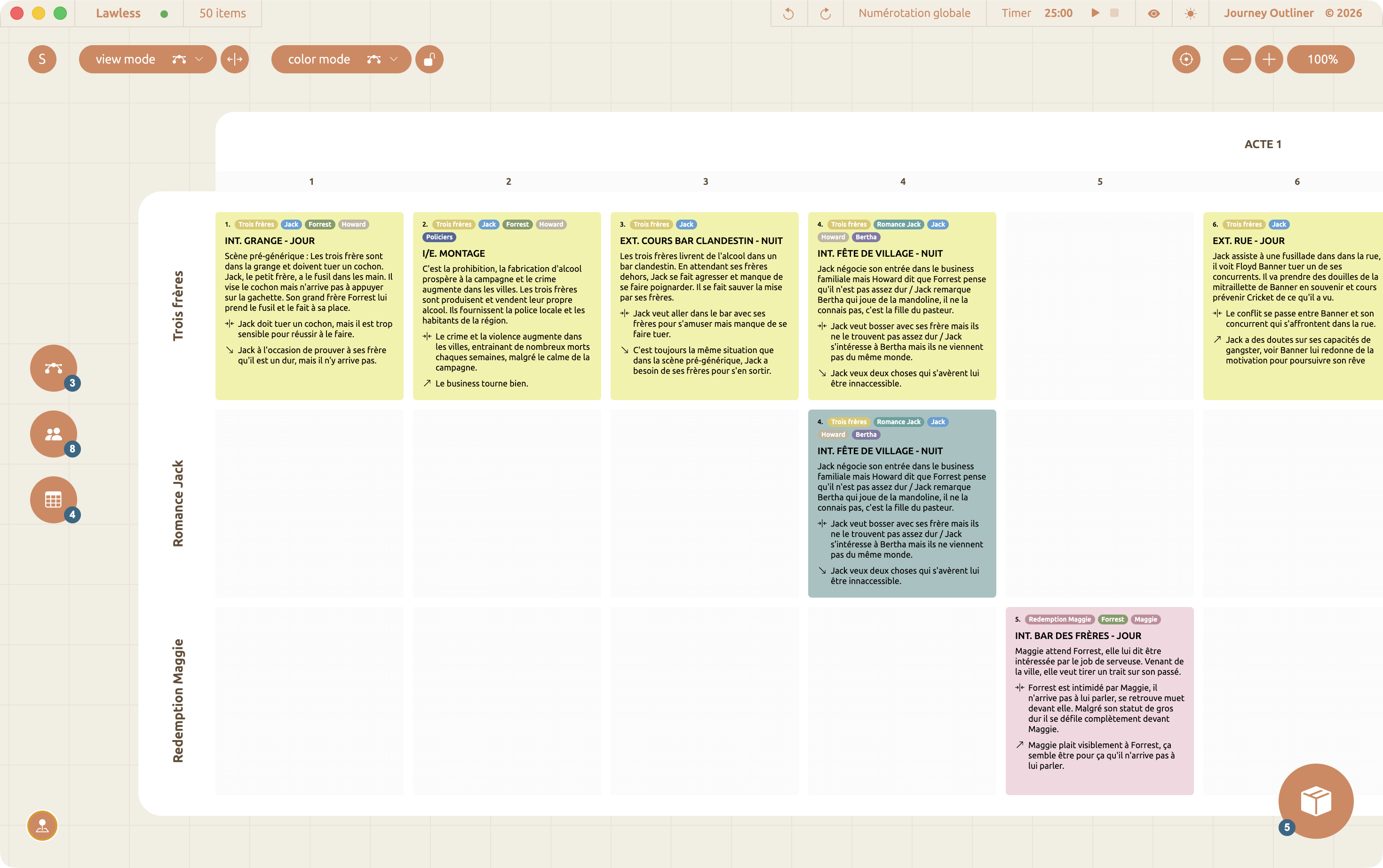 Vue Arcs : les arcs narratifs affichés sous forme de timeline.