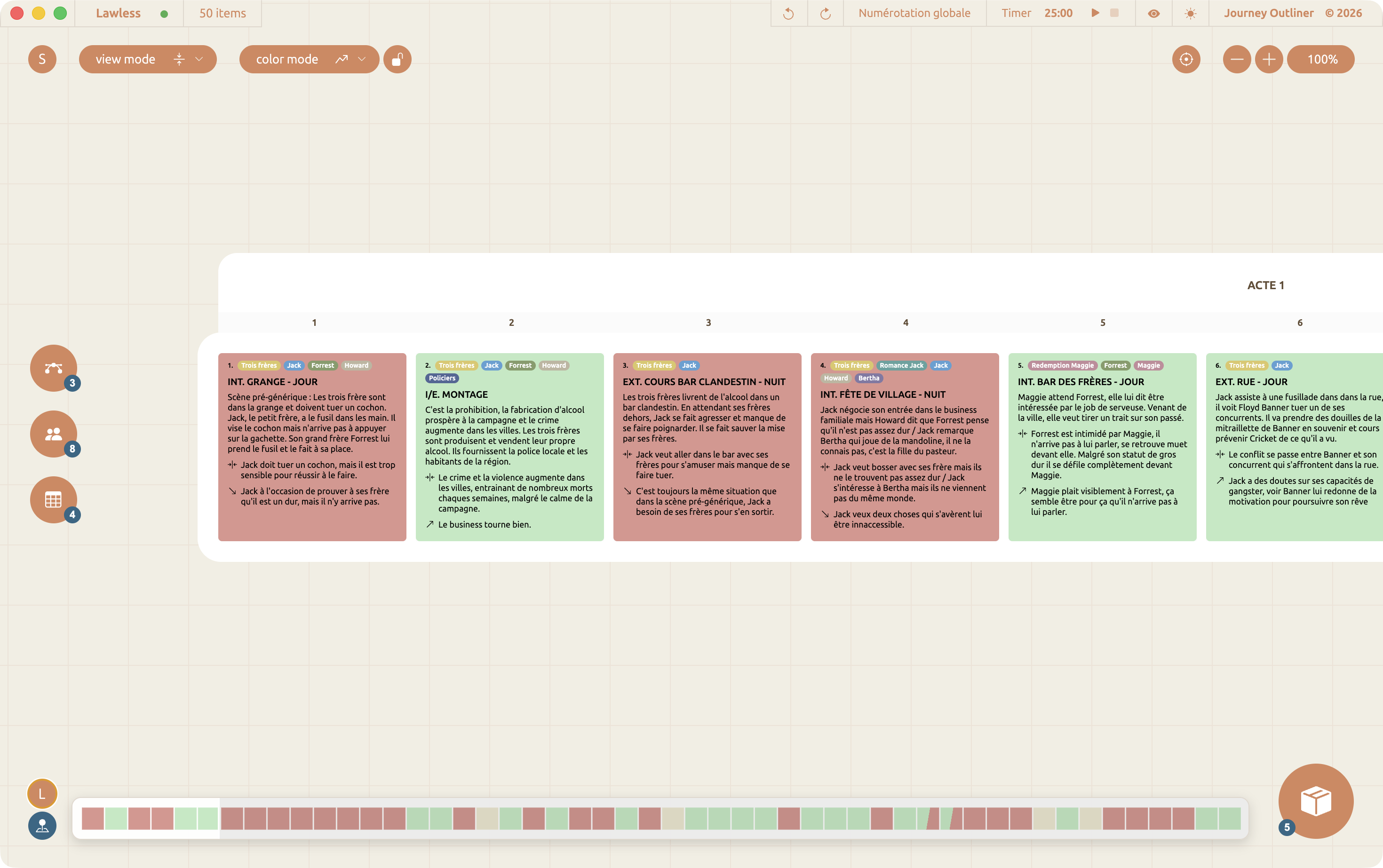 Vue Flat : le récit mis à plat pour analyser son rythme.